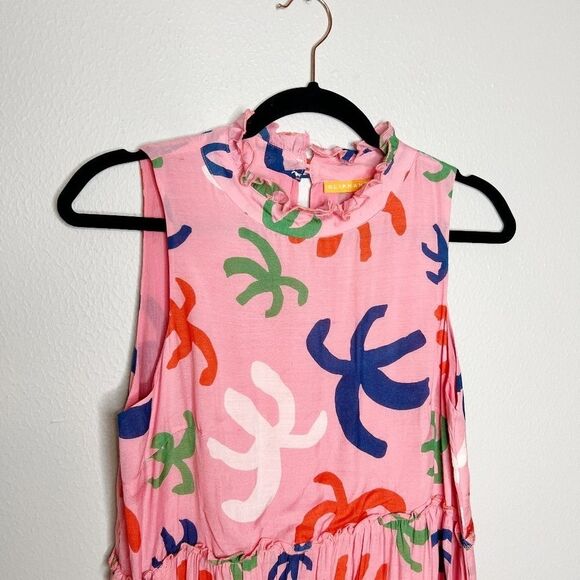 Oliphant Pink Tiered Abstract Print Sun Dress Size XS Cotton Silk - Picture 2 of 7